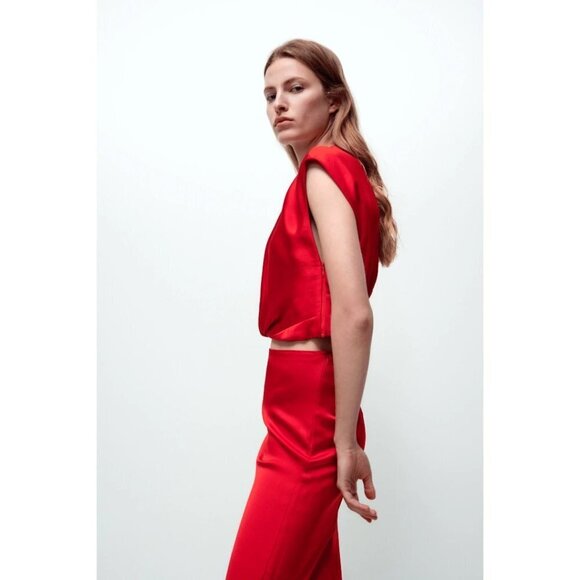 NWOT Zara red satin-effect linen blend plunge neckline sleeveless crop top, XS - Picture 3 of 13